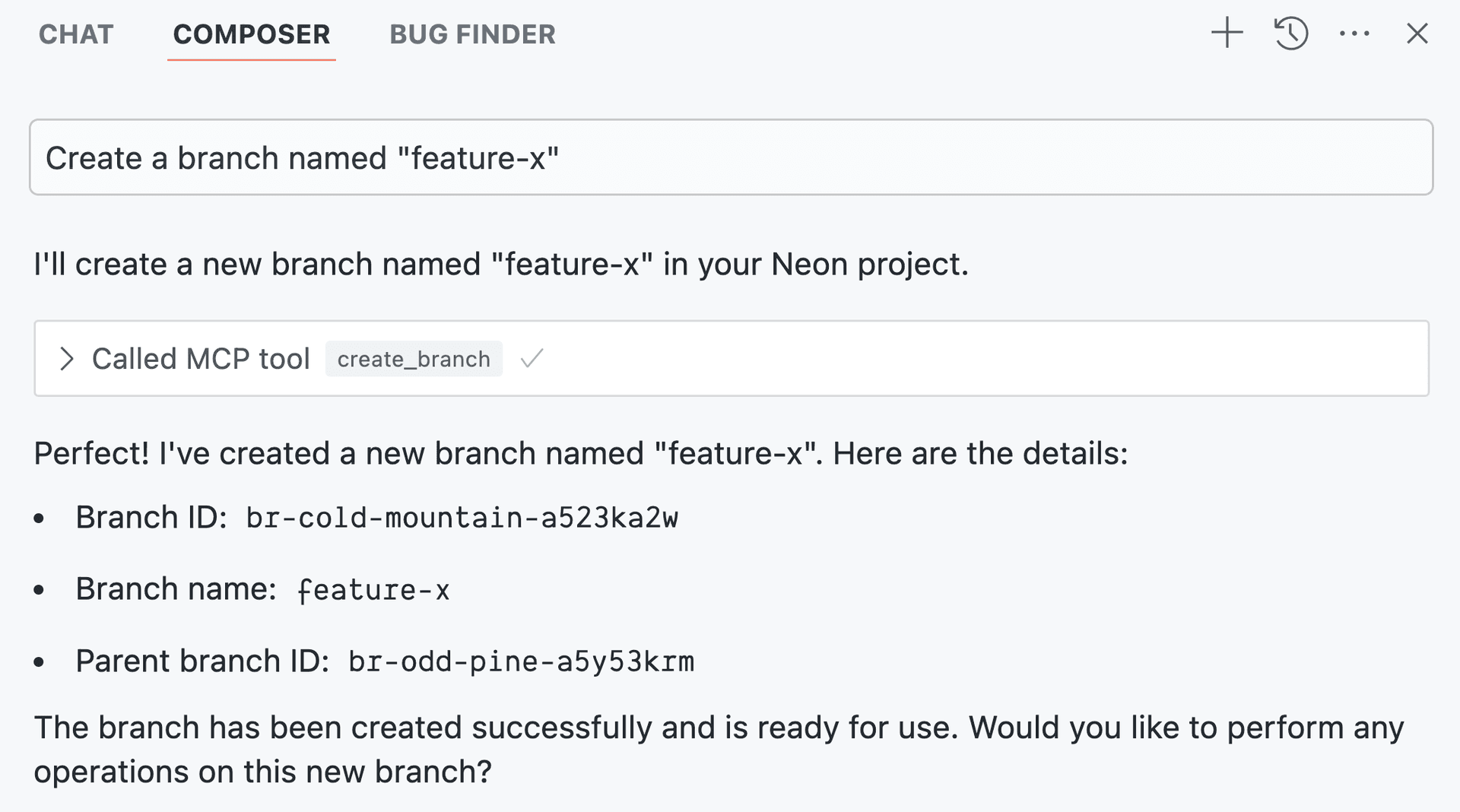 Cursor creating a new Neon branch