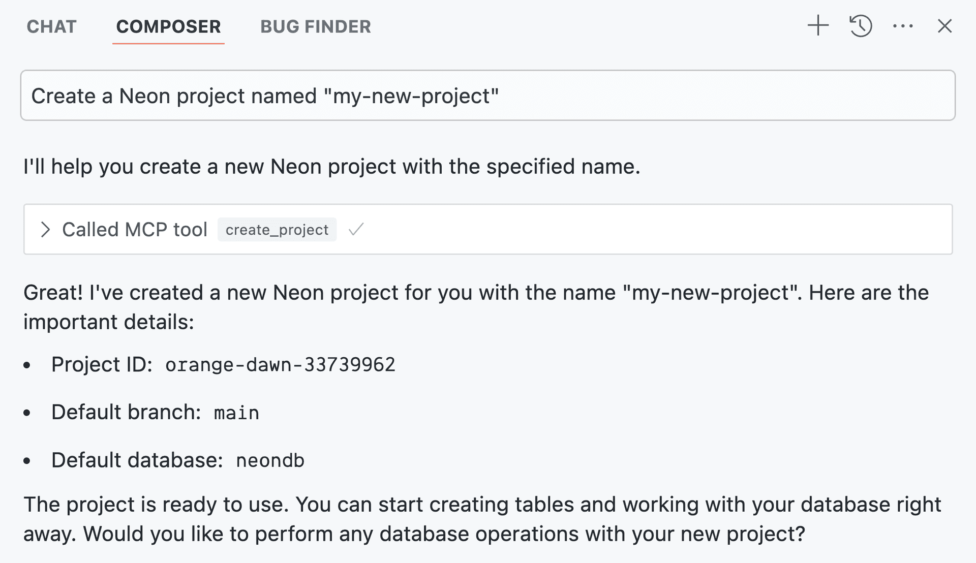 Cursor creating a new Neon project