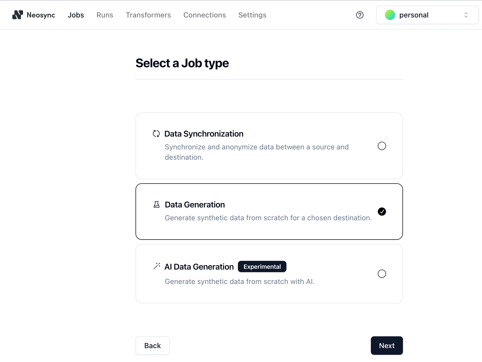 Select the Neosync job type